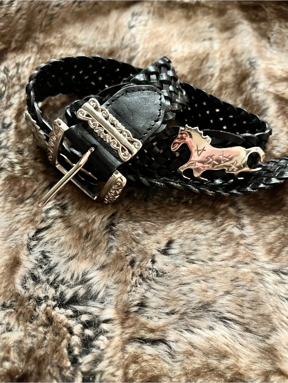 Vintage Woven Leather Western Belt - Silver Horse Conchos and Buckle - Size 32